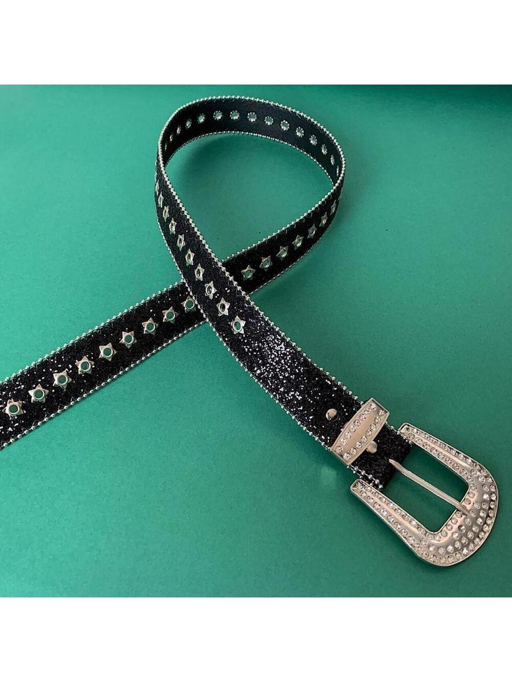 Y2K Black Silver Punk Studded Rhinestone Belt - Picture 2 of 8